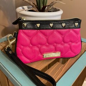 Betsey Johnson  Pink and Black Heart Wristlet (EUC)